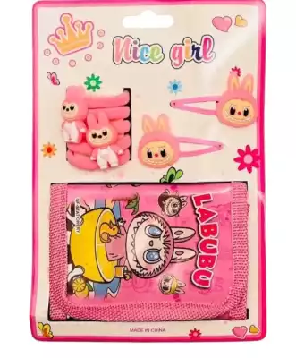 Набор резинок и заколок Labubu с кошельком, розовый